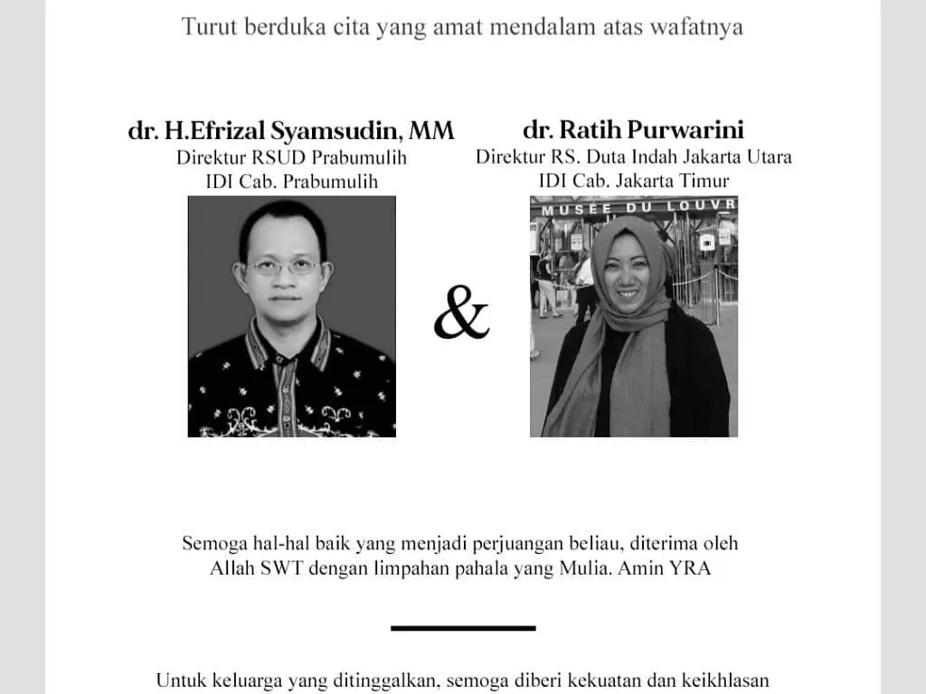Dua orang dokter yang tergabung Ikatan Dokter Indonesia (IDI) telah berpulang. dr H Efrizal dan dr Ratih Purwarini akibat wabah corona. (Instagram/Ikatandokterindonesia)