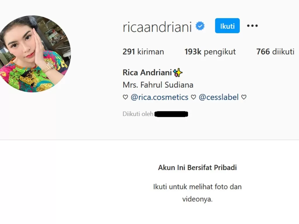 Akun selebgram Rica Andriani digembok. (Instagram/ricaandriani)