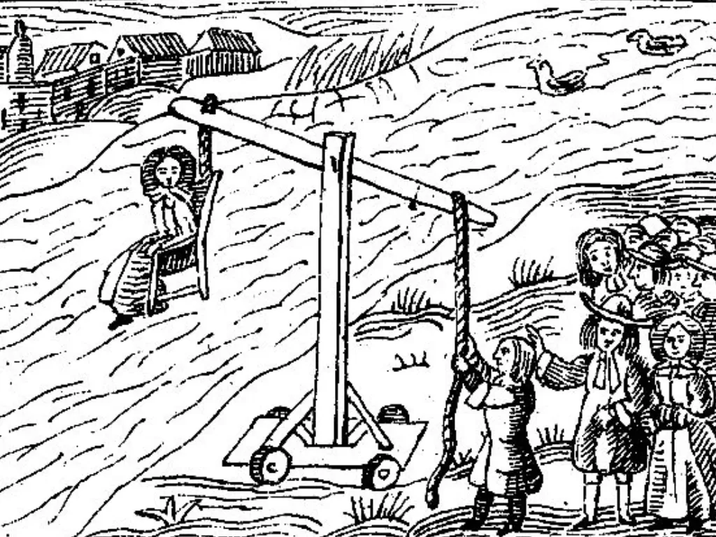 Ilustrasi Metode Ducking Stool, metode untuk menghukum para penyihir. (enacademic.com)