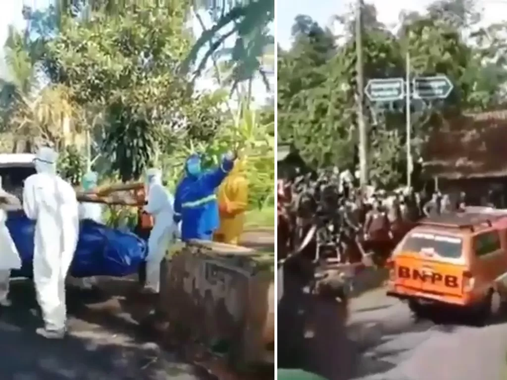 Petugas berpakaian hazmat tampak dilempari warga, begitu juga iring-iringannya harus dikawal TNI. (Facebook/Raden Arba'in)