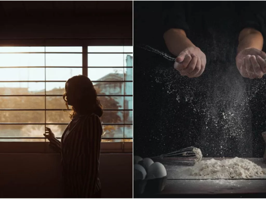 Kiri: ilutrasi orang sedang berdiam diri di rumah (Unsplash/Diego San). Kanan: Ilustrasi orang memasak (Unsplash/