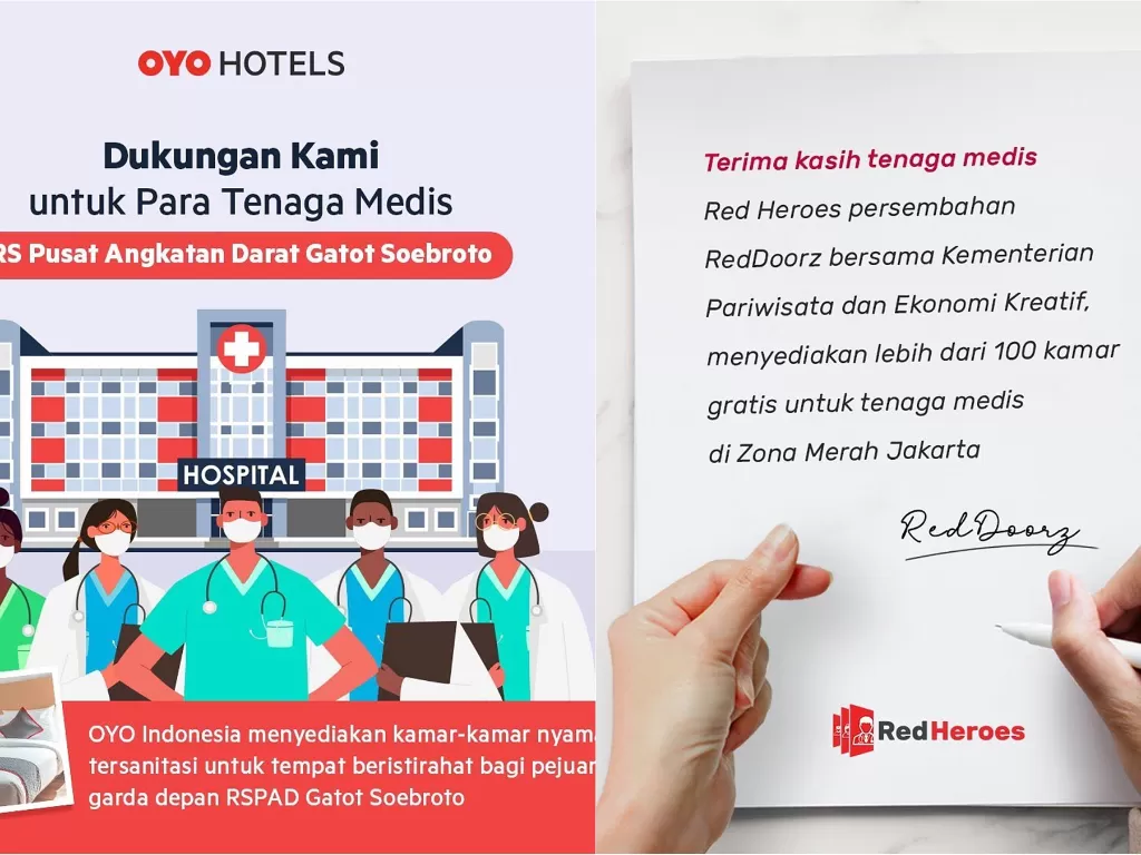 Kiri: Dukungan kamar untuk tenaga medis dari OYO (Instagram/@oyo.indonesia) / Kanan: Dukungan dari RedDoorz untuk tenaga medis (Instagram/@reddoorzid)
