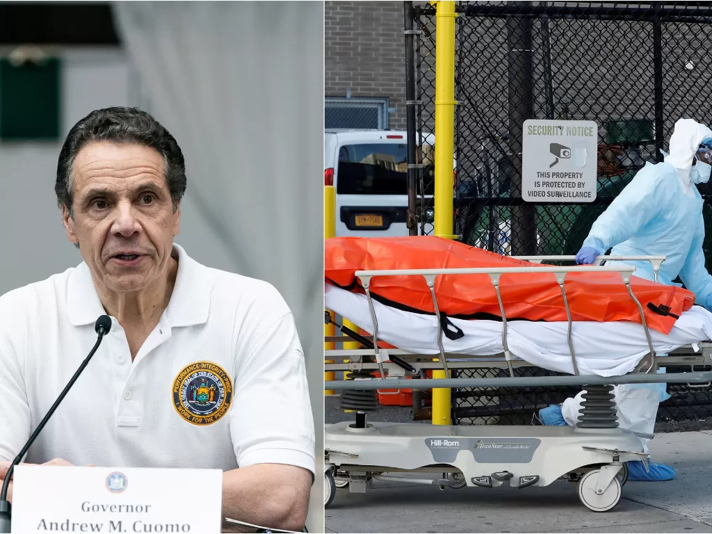 Kiri: Gubernur New York, Andrew Cuomo.  (REUTERS/Jeenah Moon). Kanan: Staf medis membawa pasien corona (REUTERS/Andrew Kelly)