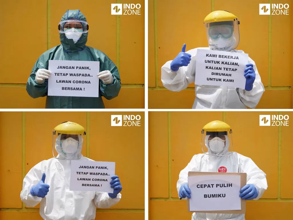 Petugas kesehatan menyampaikan pesan bersama dalam melawan virus corona di depan gedung Laboratorium Kesehatan Daerah Depok, Jawa Barat, Senin (6/4/2020). (INDOZONE/Arya Manggala)
