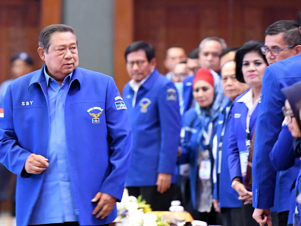 Ketua Majelis Tinggi Partai Demokrat, Susilo Bambang Yudhoyono usai Kongres V Partai Demokrat di Jakarta, Minggu (15/3/2020). (ANTARA/M Risyal Hidayat)