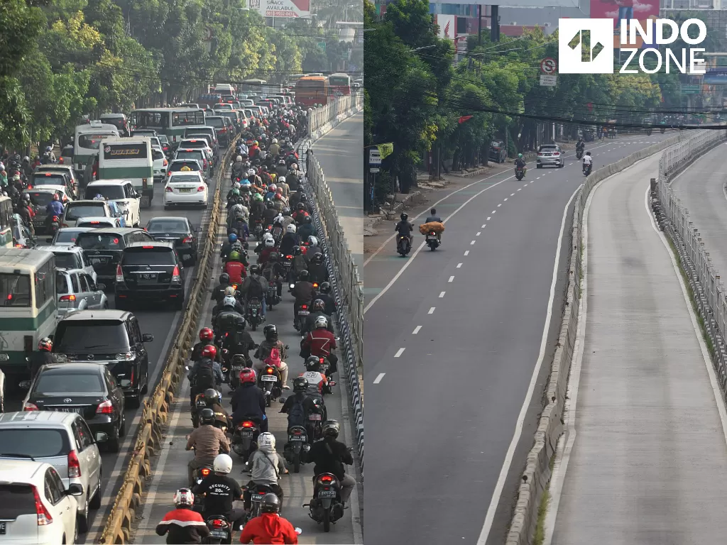 Foto kombo suasana jalan sebelum PSBB (kiri) dan suasana sesudah PSBB (kanan) di Jalan Mampang Prapatan, Jakarta, Jumat (10/4/2020). (INDOZONE/Arya Manggala)