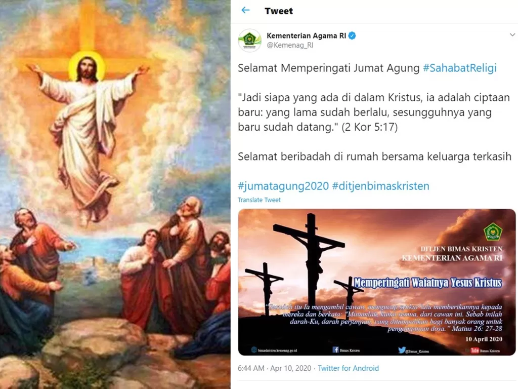 Kemenag menyampaikan salam keagamaan untuk umat kristiani yang merayakan Jumat Agung. (Parokinandan/Twitter/@kemenag_RI)