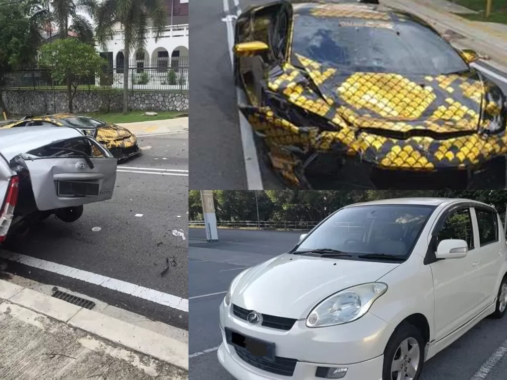 Tampilan Perodua yang babak belur setelah ditabrak Lamborghini dan diganti dengan mobil baru. (Facebook/Azman Nor)