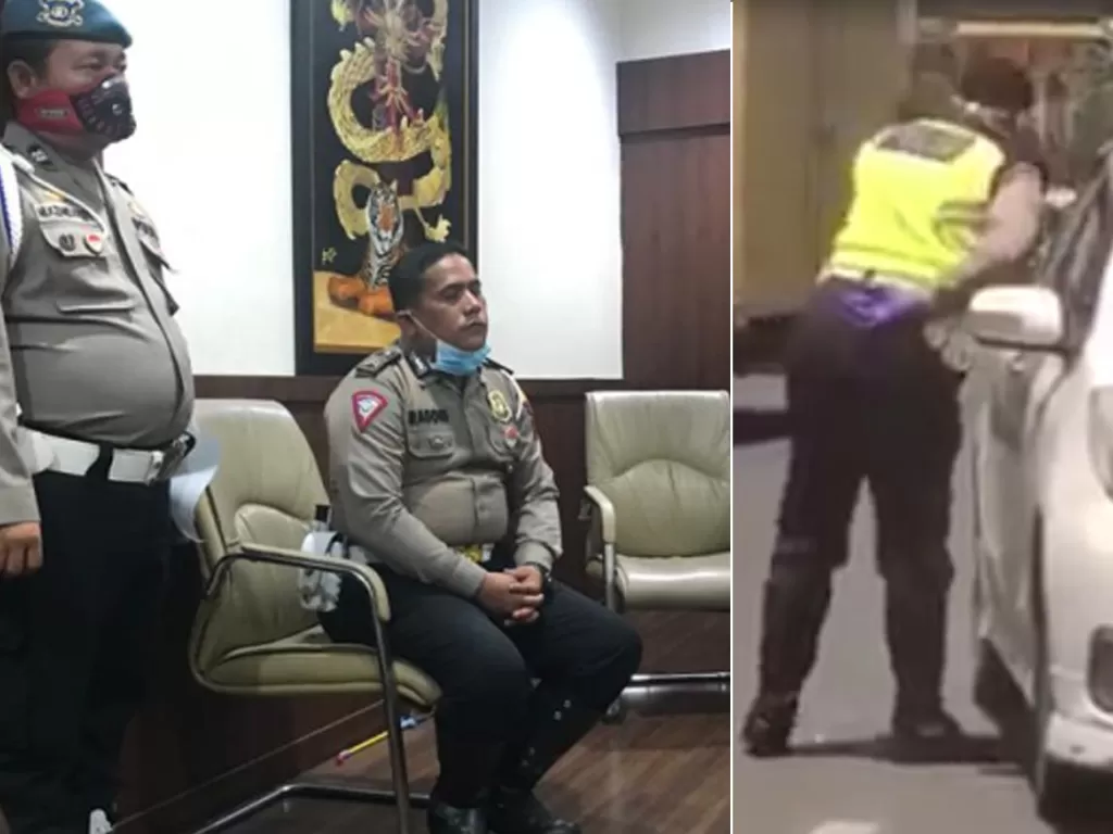 Bripka Rasoki Siregar jalani pemeriksaan di Propam Polrestabes Medan usai videonya ludahi pengemudi Yaris viral. (Facebook/Ling/Istimewa)