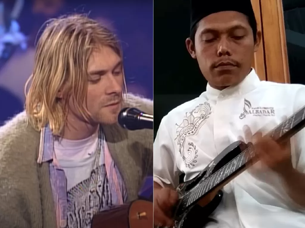 Kiri: Mendiang Kurt Cobain dari Nirvana (Youtube/Nirvana), kanan: gitaris grup Nasyid Albadar. (Youtube/Andromedia).