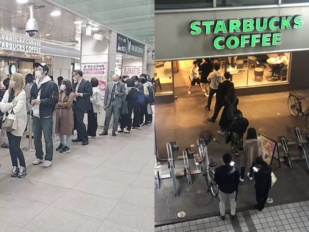 Puluhan orang di Starbucks Jepang antre membeli kopi sebelum coffee shop tersebut ditutup. (Twitter/@iiiikasu)