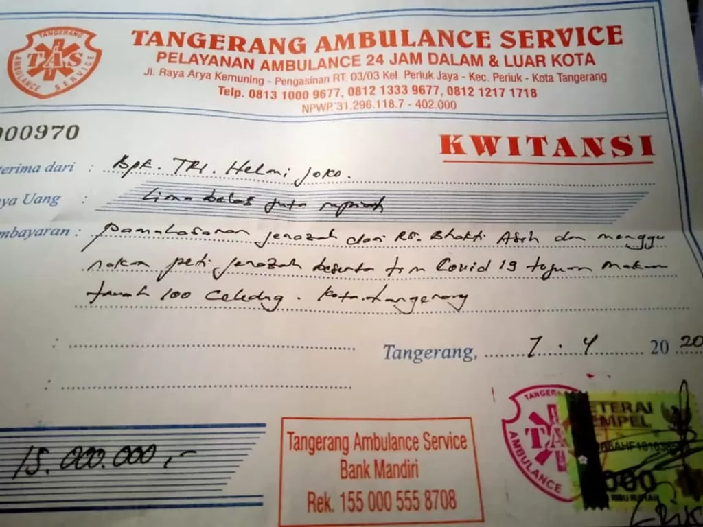 Kwitansi Rp 15 juta dikeluarkan untuk pasien meninggal akibat COVID-19 dari Tangerang Ambulance Service. (Facebook/Asep Suparman)