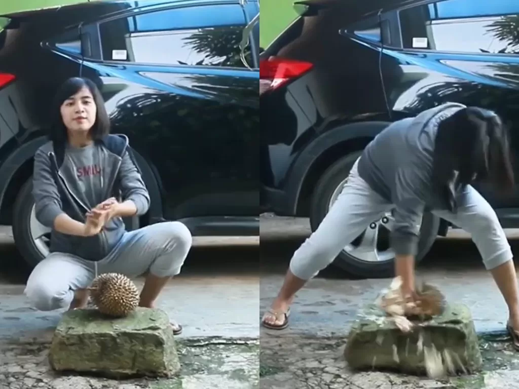 Chintya saat membelah durian dengan satu pukulan. (Screenshot)