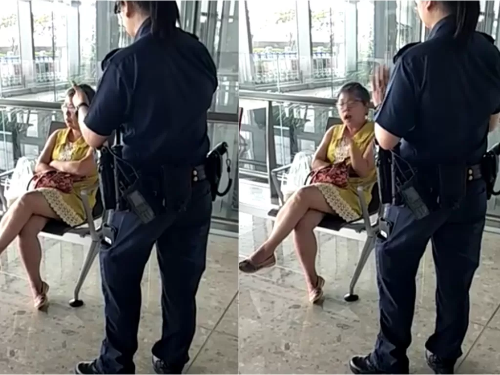 Wanita paruh baya yang malah ngamuk saat diingatkan oleh petugas untuk tak makan di Bandara Changi, Singapura (Facebook/Willy Lai)