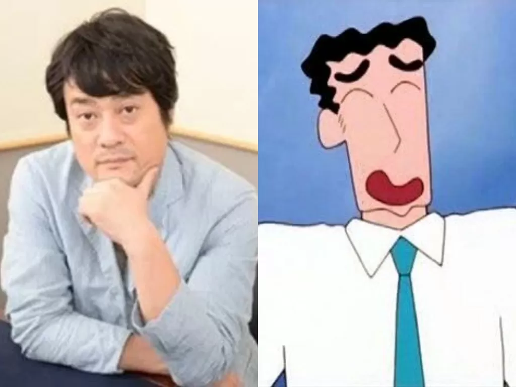 Keiji Fujiwara dan karakter ayah Shinchan. (Animenewsnetwork dan Aminoapps)