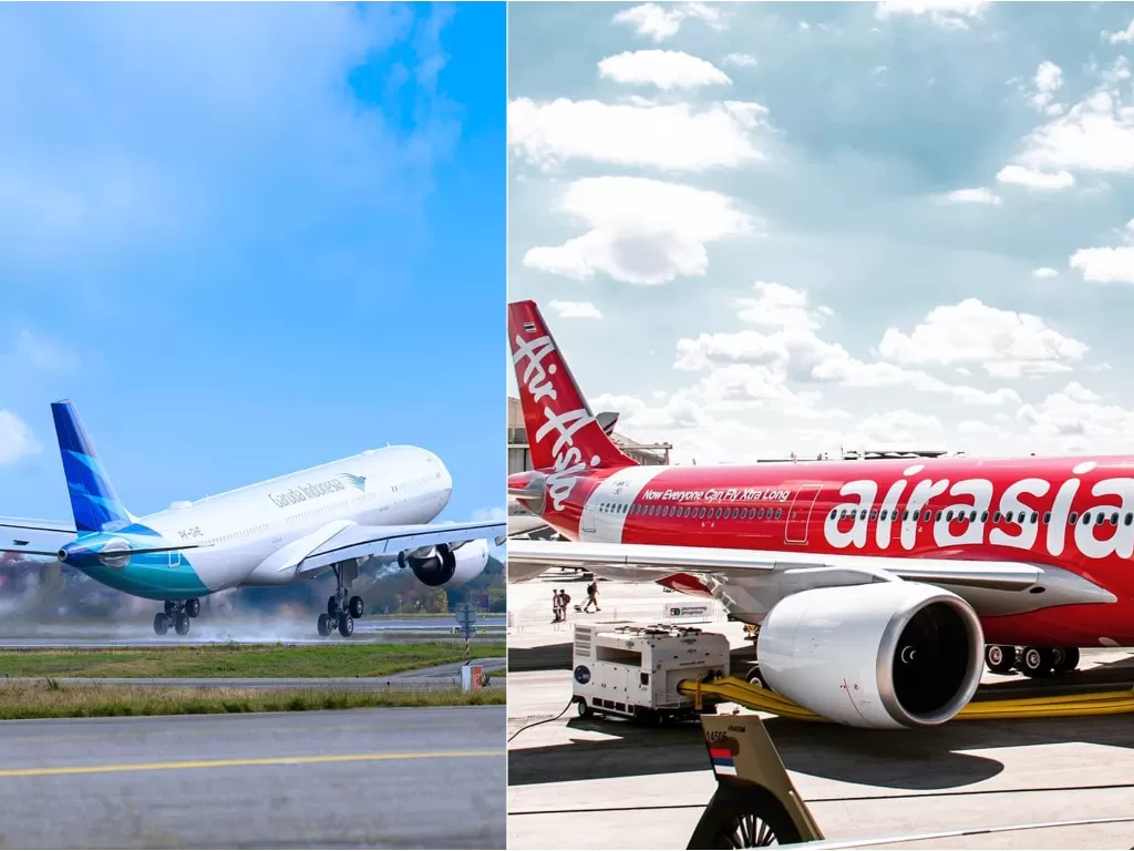 Kiri: Maskapai penerbangan Garuda Indonesia. (instagram/@garuda.indonesia) Kanan: Maskapai penerbangan AirAsia. (instagram/@airasia)