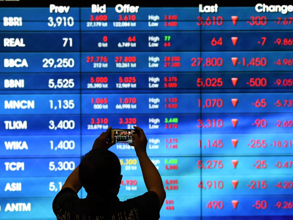 Warga memotret layar yang menampilkan infornasi pergerakan harga saham di Bursa Efek Indonesia (BEI), Jakarta. (ANTARA/Aditya Pradana Putra)