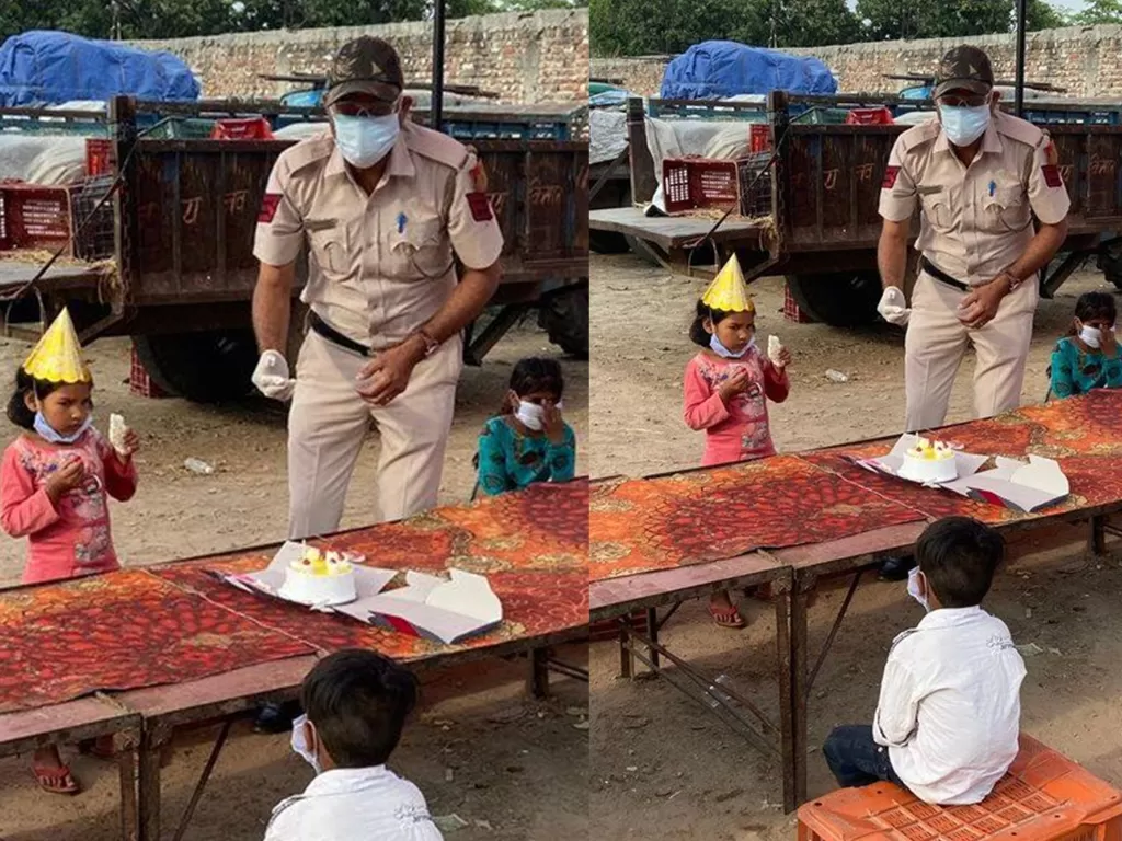 Polisi di India rayakan ulang tahun anak seorang buruh. (Photo/Istimewa)