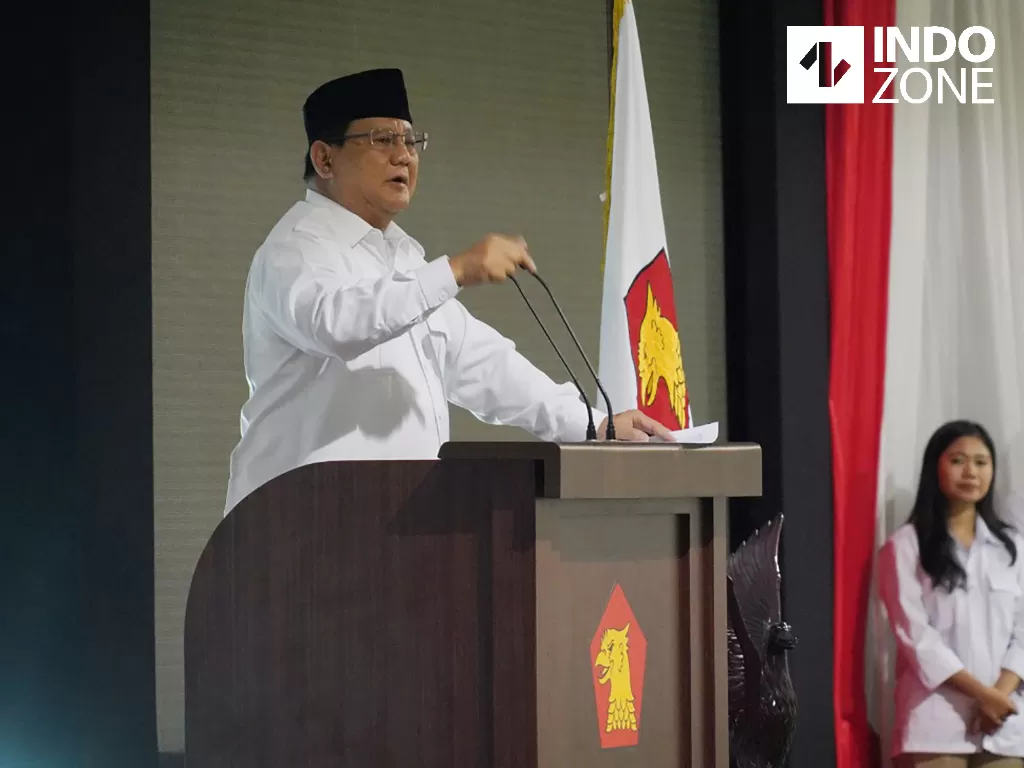 Ketua Umum Partai Gerindra Prabowo Subianto memberikan sambutan dalam acara HUT-12 Partai Gerindra di Gedung DPP Jakarta, Kamis, (6/2/2020). (INDOZONE/Mula Akmal)