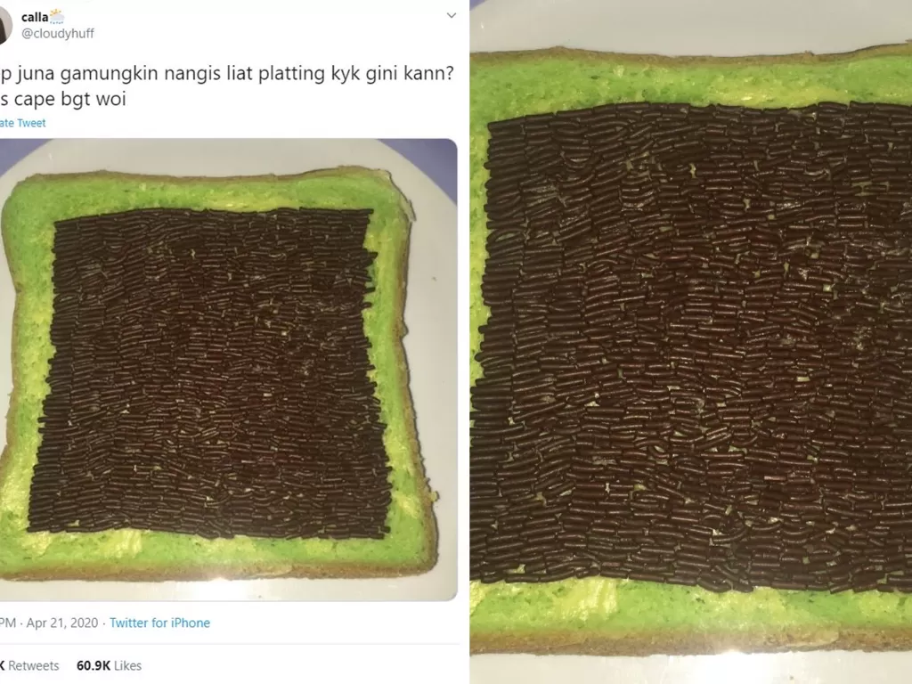Seorang wanita di Twitter menyusun rapi meises di atas roti tawar. (Twitter/cloudyghuff)