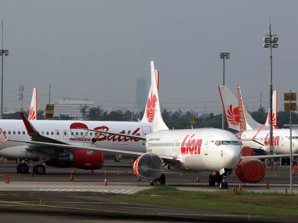 Maskapai penerbangan Lion Air dan Batik Air di Bandara Soekarno Hatta. (ANTARA FOTO/Muhammad Iqbal)