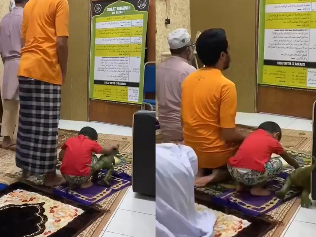 Seorang bocah yang salat tarawih bersama mainannya. (Photo/Twitter/@didieey_)