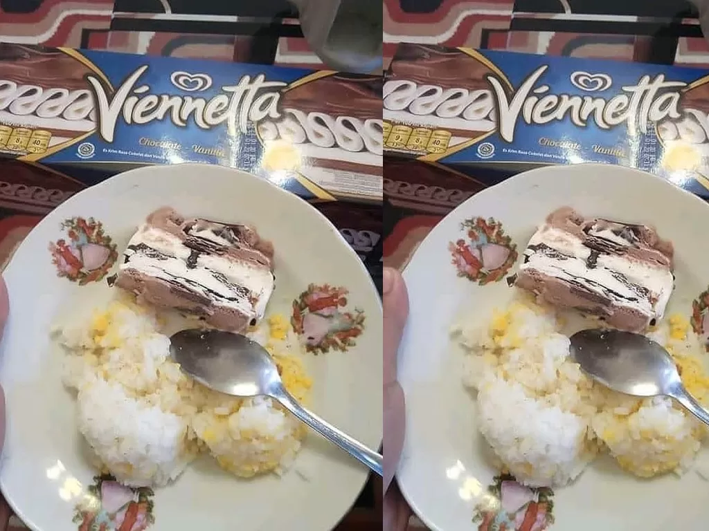 Makan nasi dengan 'lauk' es krim Viennetta. (Instagram/agoez_bandz4)