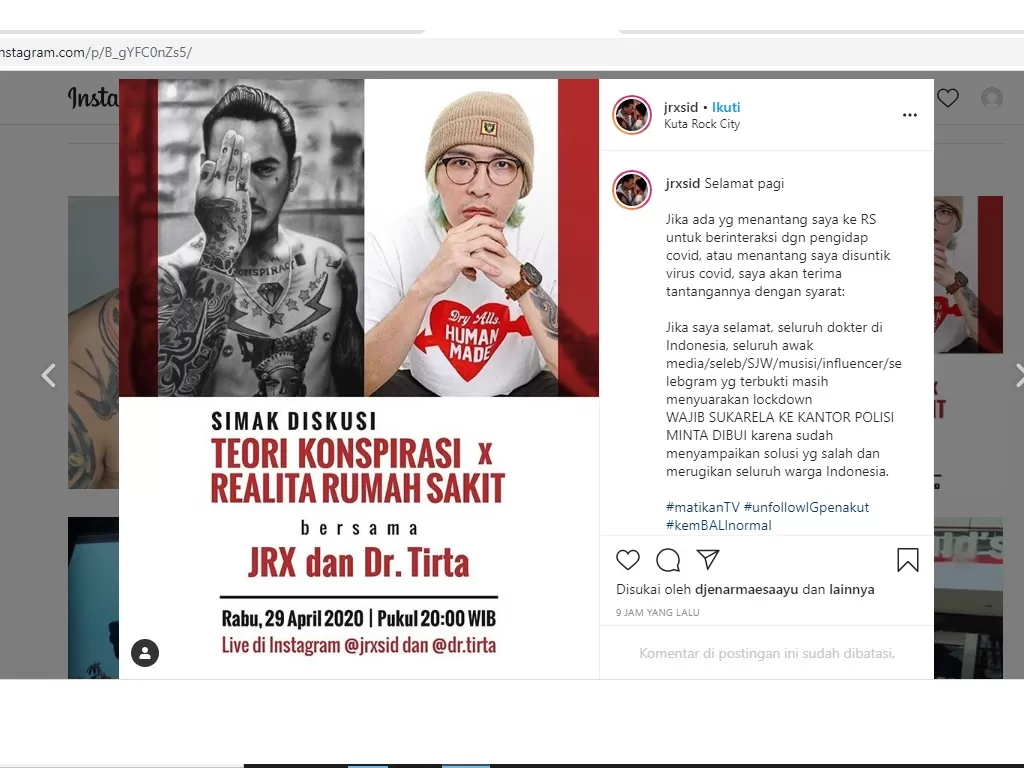 Jerinx SID akan berdiskusi dengan dr Tirta (Instagram/jrxsid)