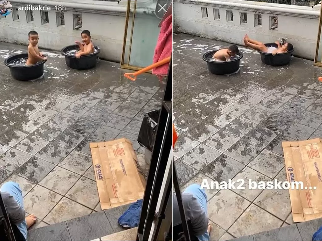 Anak Ardi Bakrie dan Nia Ramadhani saat bermain air di dalam ember. (instagram/@ardibakrie)