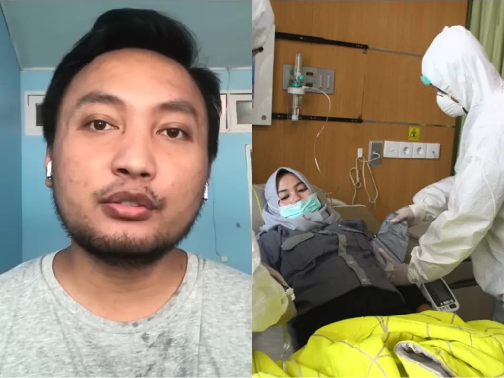 Kiri: Riki Permana, pasien positif corona yang jalani isolasi diri. (screenshoot/YouTube/Najwa Shihab). Kanan: Ilustrasi pasien diperiksa petugas medis. (ANTARA FOTO/Ari Bowo Sucipto)