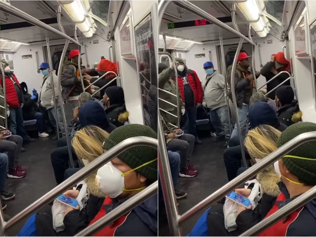 Aksi pria bertopi merah yang memukul penumpang lain karena batuk. (instagram/@eugene718)