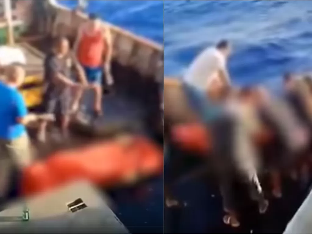 Cuplikan video pelarungan jenazah ABK di laut. (screenshootYouTube/MBCNEWS)