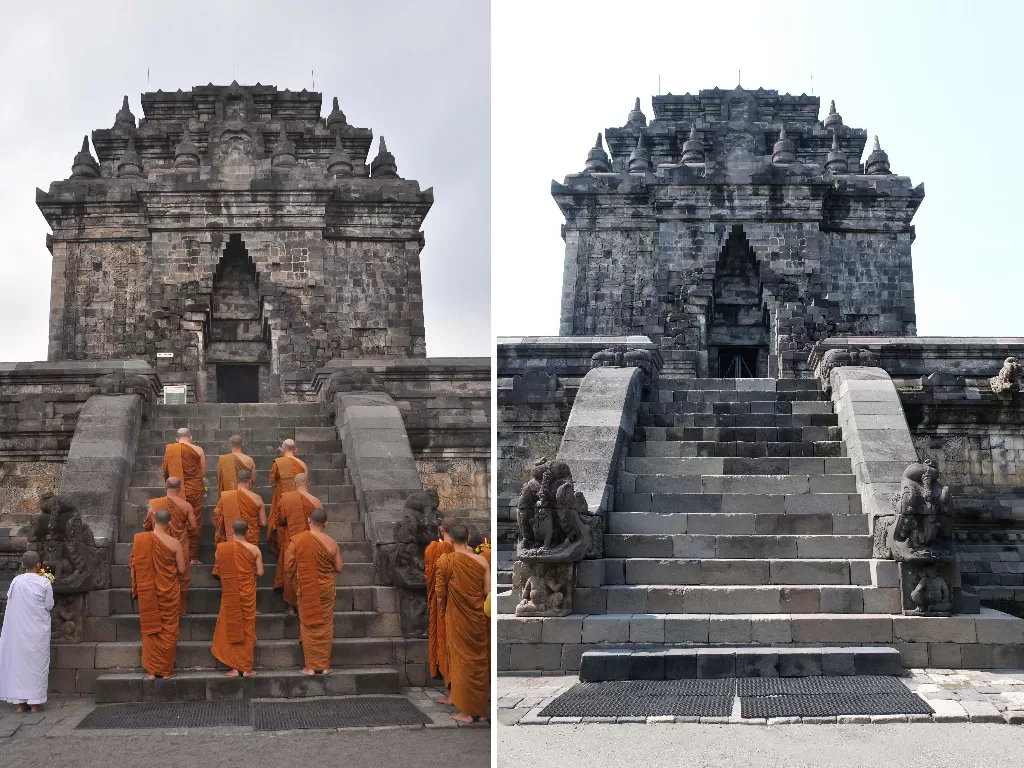 Foto kolase perbandingan suasana perayaan hari raya Tri Suci Waisak sebelum adanya pandemi COVID-19 (kiri) dan saat pandemi COVID-19 (kanan) di kawasan Borobudur, Magelang, Jawa Tengah, Kamis (7/5/2020). (ANTARA FOTO/Anis Efizudin)