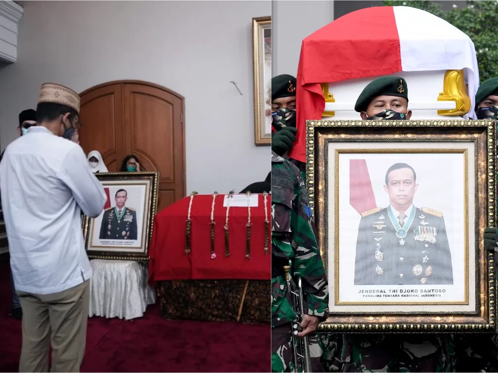 Kiri: Sandiaga melayat ke rumah duka Djoko Santoso (Instagram/sandiuno) / Kanan: Sejumlah prajurit TNI mengusung peti jenazah dari Jenderal TNI (Purn) Djoko Santoso (ANTARA FOTO/M Risyal Hidayat)