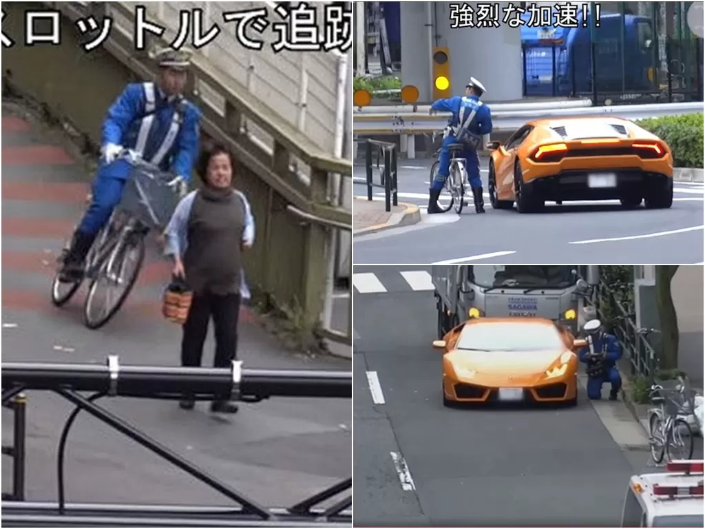 Petugas lalu lintas Jepang menggunakan sepeda kayuh menilang pengemudi mobil supercar Lamborghini Huracan (Screenshot/Youtube/comb318)