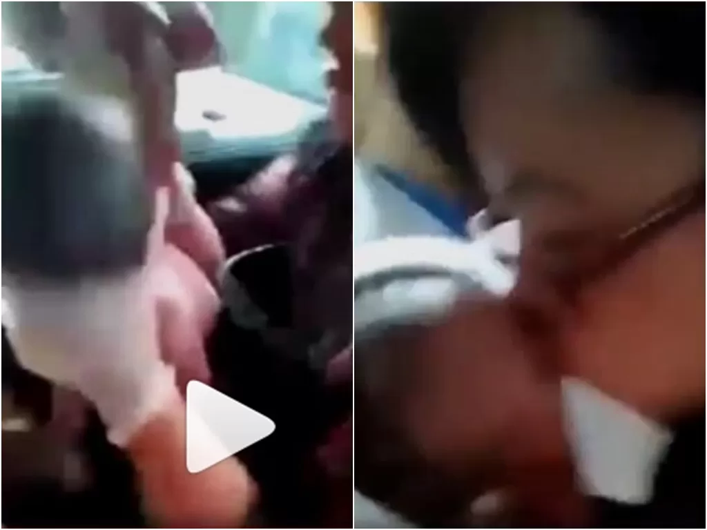 Seorang Bidan mencoba membuat seorang bayi yang terlahir di mobil dalam perjalanan menuju rumah sakit agar kembali bernapas. (Facebook/Melda Simatupang)