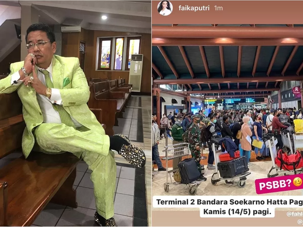 Kiri: Hotman Paris. Kanan: Potret keramaian di Bandara Soekarno-Hatta. (instagram/@hotmanparisofficial)