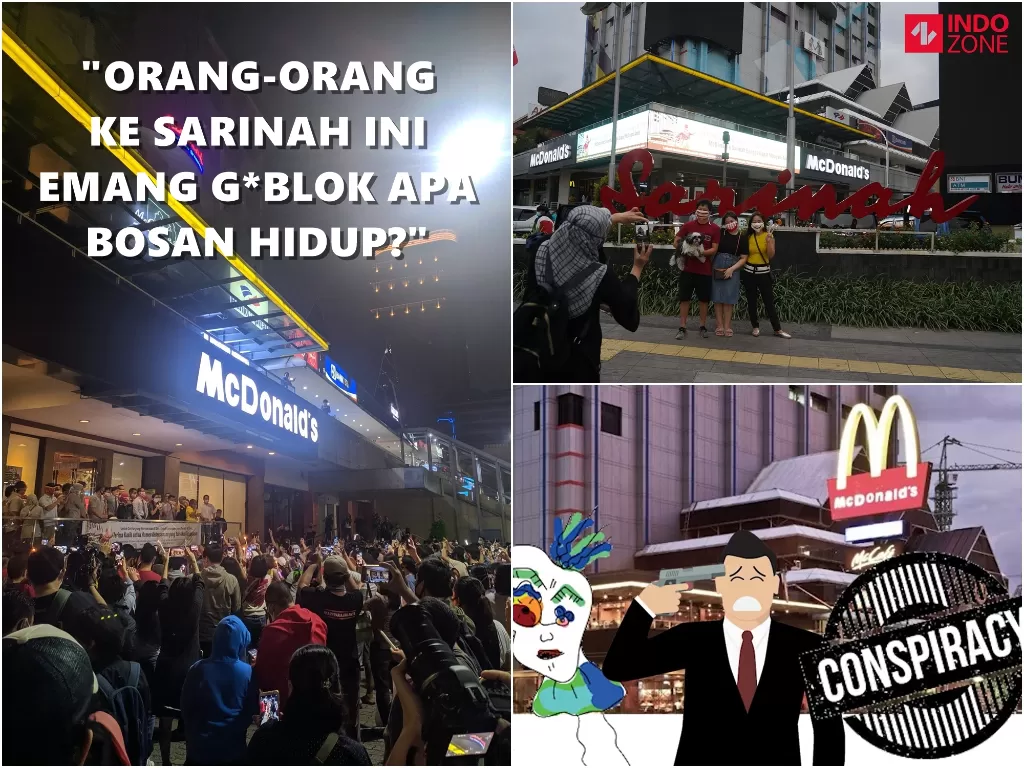 Pengunjung berfoto dan berkerumun di depan gerai makanan cepat saji McDonald's, kompleks pusat perbelanjaan Sarinah, Jakarta, Minggu (10/5/2020). (Kolase/INDOZONE/Arya Manggala/Twitter @ya_texmsh)