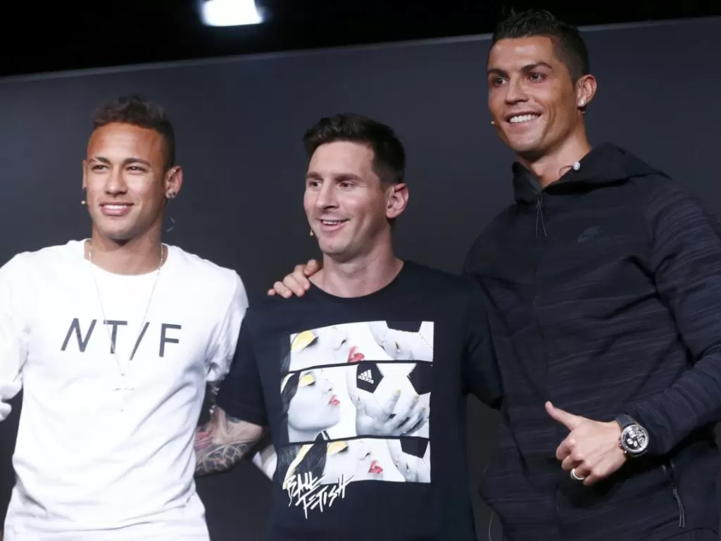 Dari kiri ke kanan: Neymar, Lionel Messi dan Cristiano Ronaldo. (REUTERS)