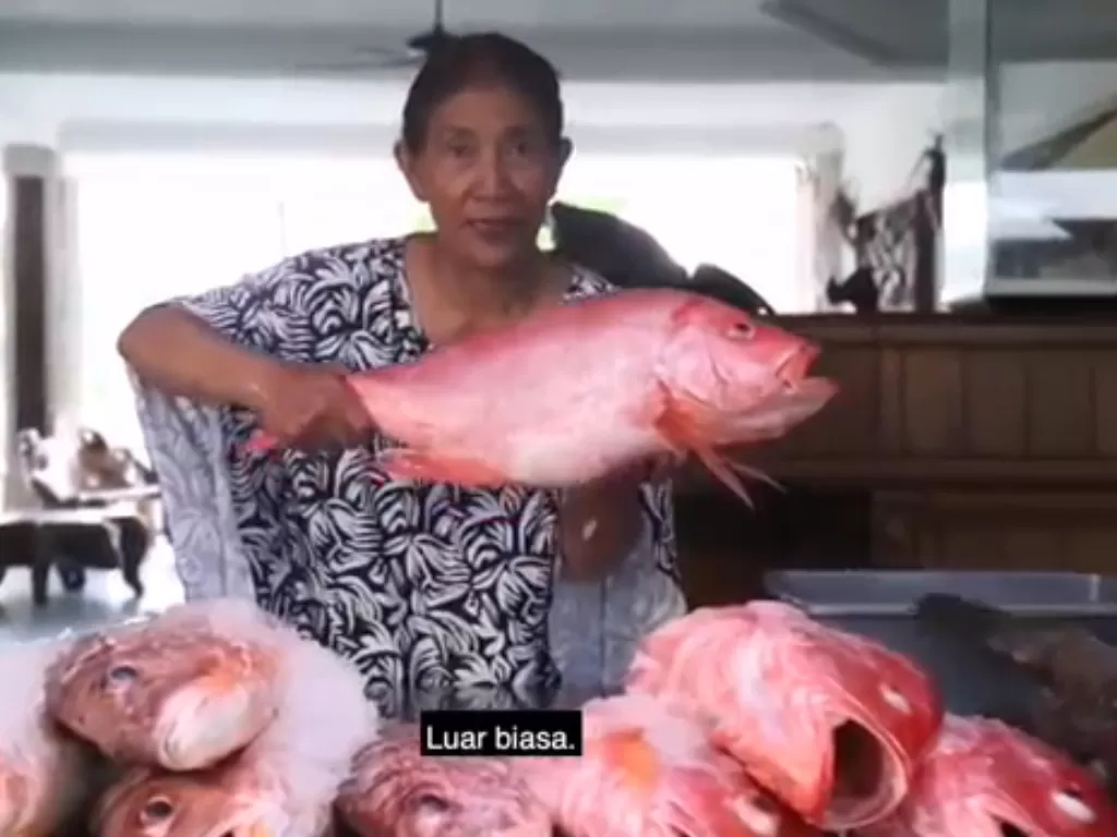 Susi Pudjiastuti menunjukkan hasil laut Pangandaran berupa ikan kakap merah dan ikan kerapu berukuran jumbo. (Instagram/Susi Pudjiastuti)