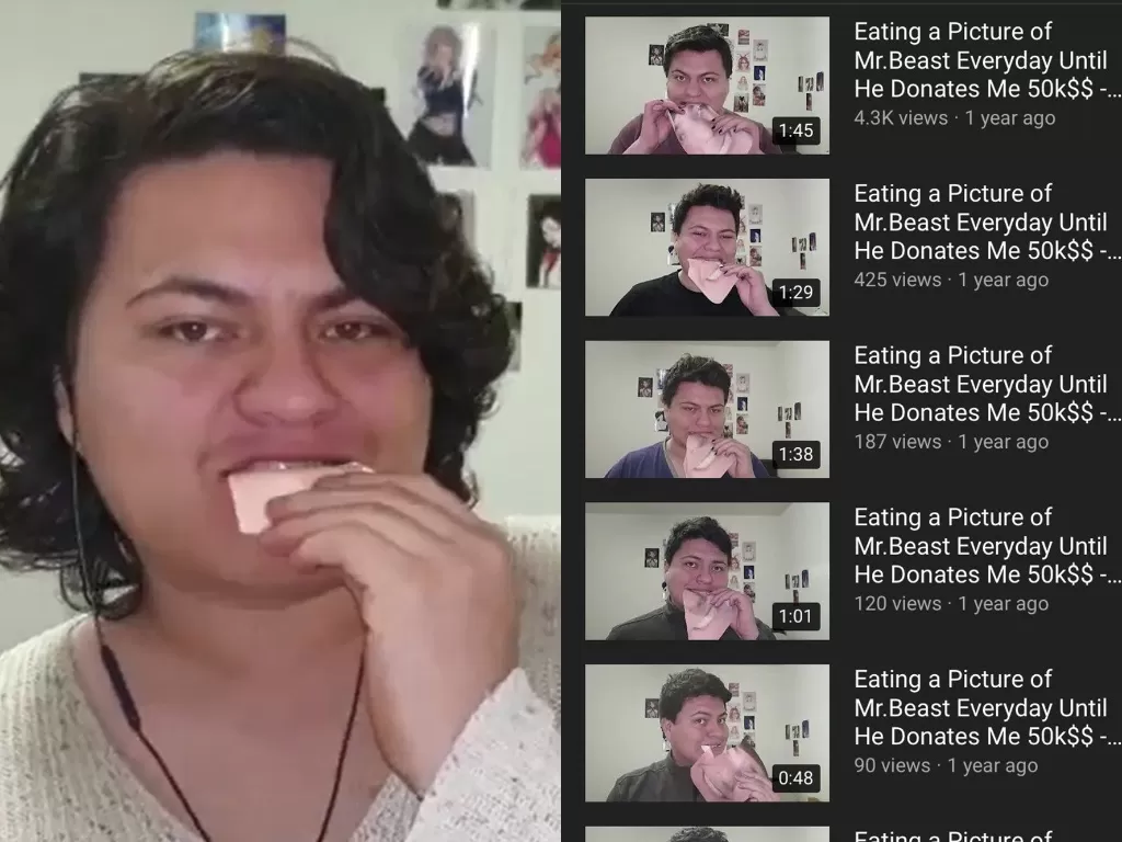 Seorang pria yang rela memakan foto YouTuber terkenal demi mendapatkan sumbangan uang. (Photo/Instagram/@quarterfrost)