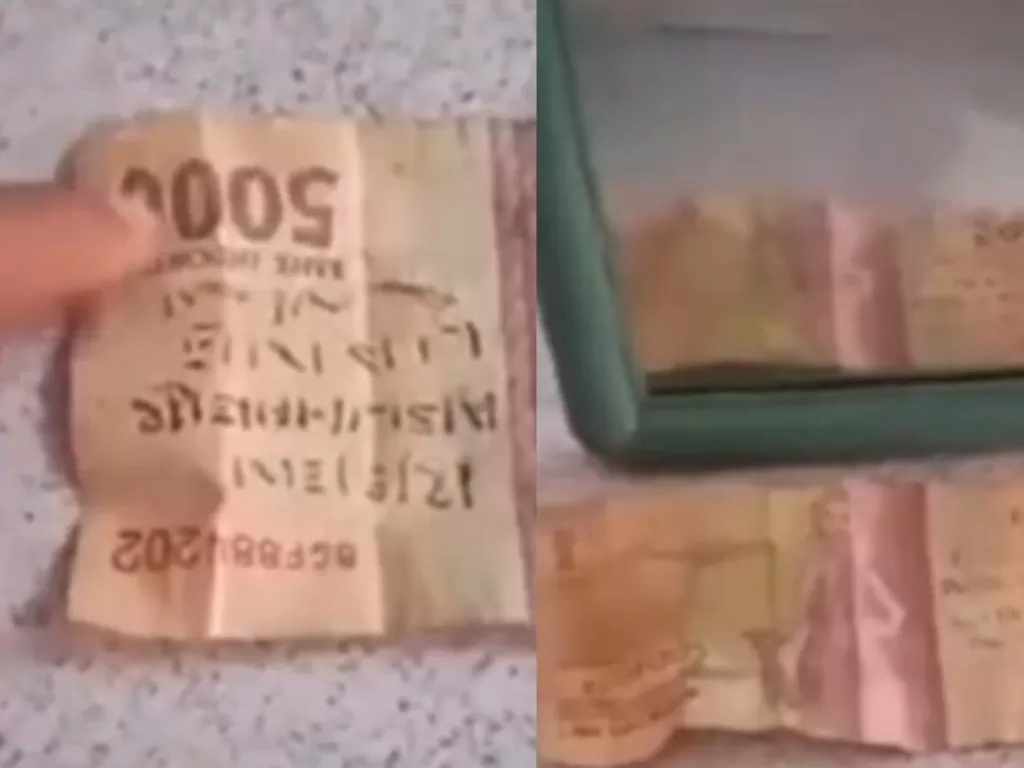 Celengan wanita ini berkurang setelah menemukan ada uang Rp 5 ribu dilipat dan diisi pasir dan ada tulisan nama dan tanggal lahirnya. (Foto: Istimewa)