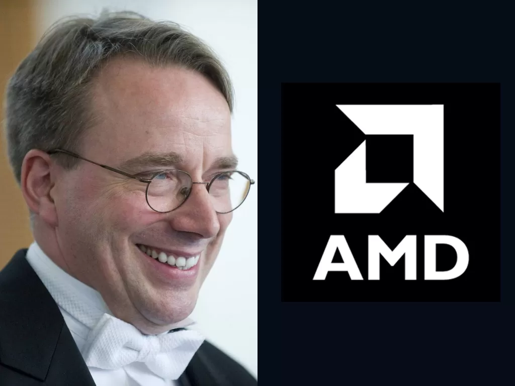 Pencipta Linux, Linus Torvalds dan logo AMD (photo/REUTERS/AMD)
