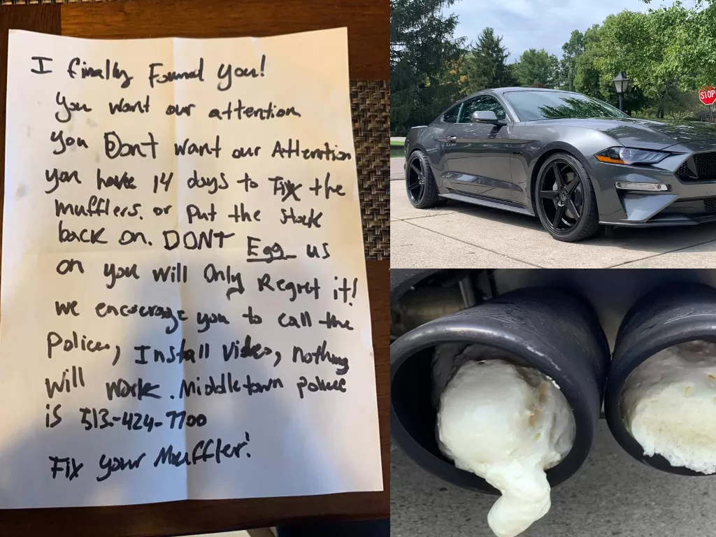 Tampilan surat, knalpot, dan mobil Ford Mustang yang disumbat sabun mandi oleh tetangga. (Facebook/Aaron Robinson)