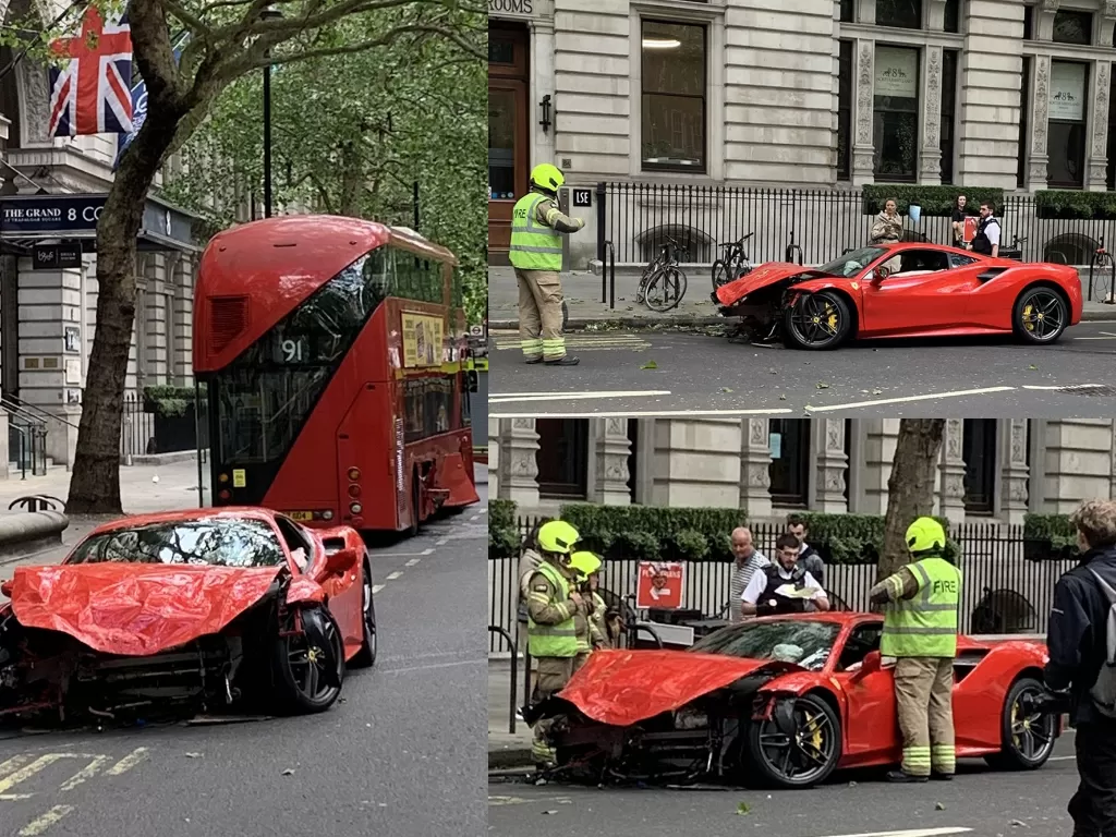 Tampilan Ferrari 488 GTB yang ringsek setelah menabrak bus bertingkat. (Twitter/@DickiesTicker)