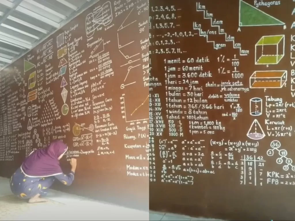 Viral Guru Matematika Tulis Rumus di Dinding. (Foto: Capture Tiktok @yayah.nurhayati)