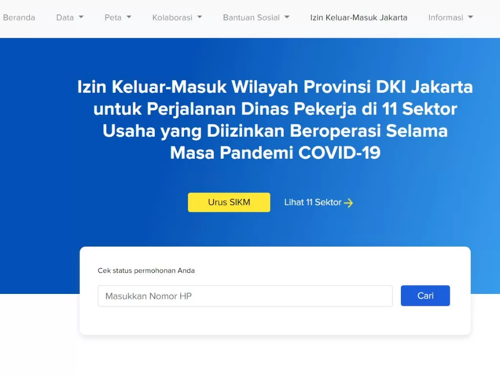 Laman resmi mengurus Surat Izin Keluar Masuk Jakarta (corona.jakarta.go.id/id/izin-keluar-masuk-jakarta)