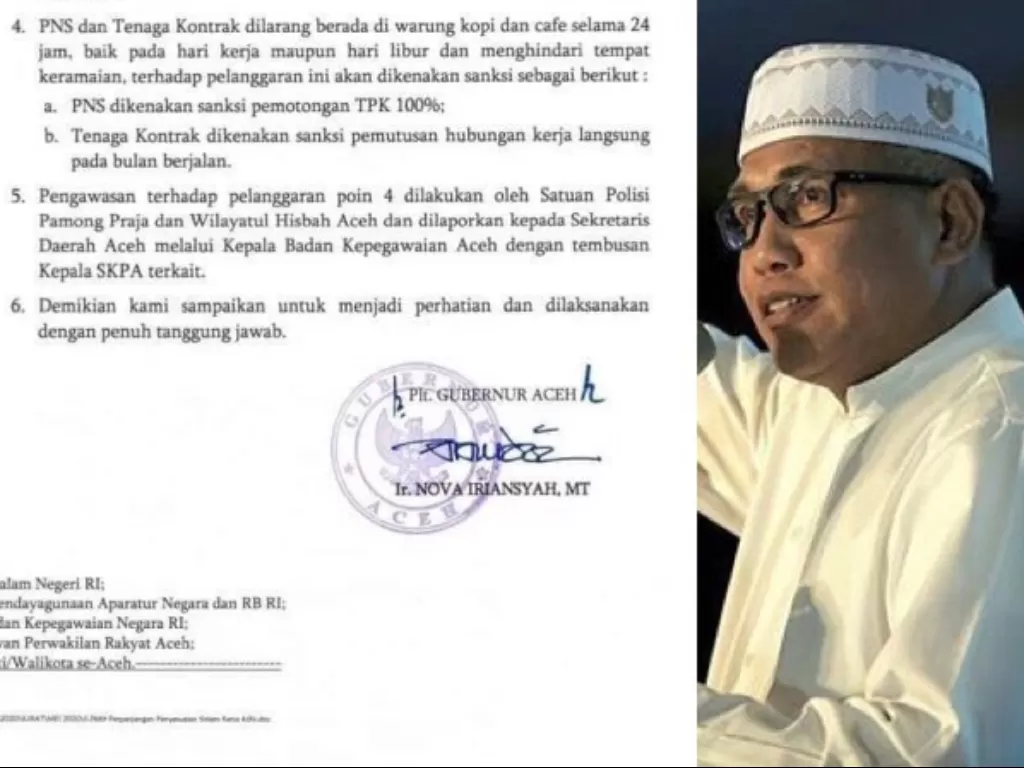 Surat edaran Plt Gubernur Aceh Nova Iriansyah Nurdin, yang melarang PNS dan tenaga kontrak Pemerintah Aceh nongkrong di warung kopi. (Foto: Istimewa)