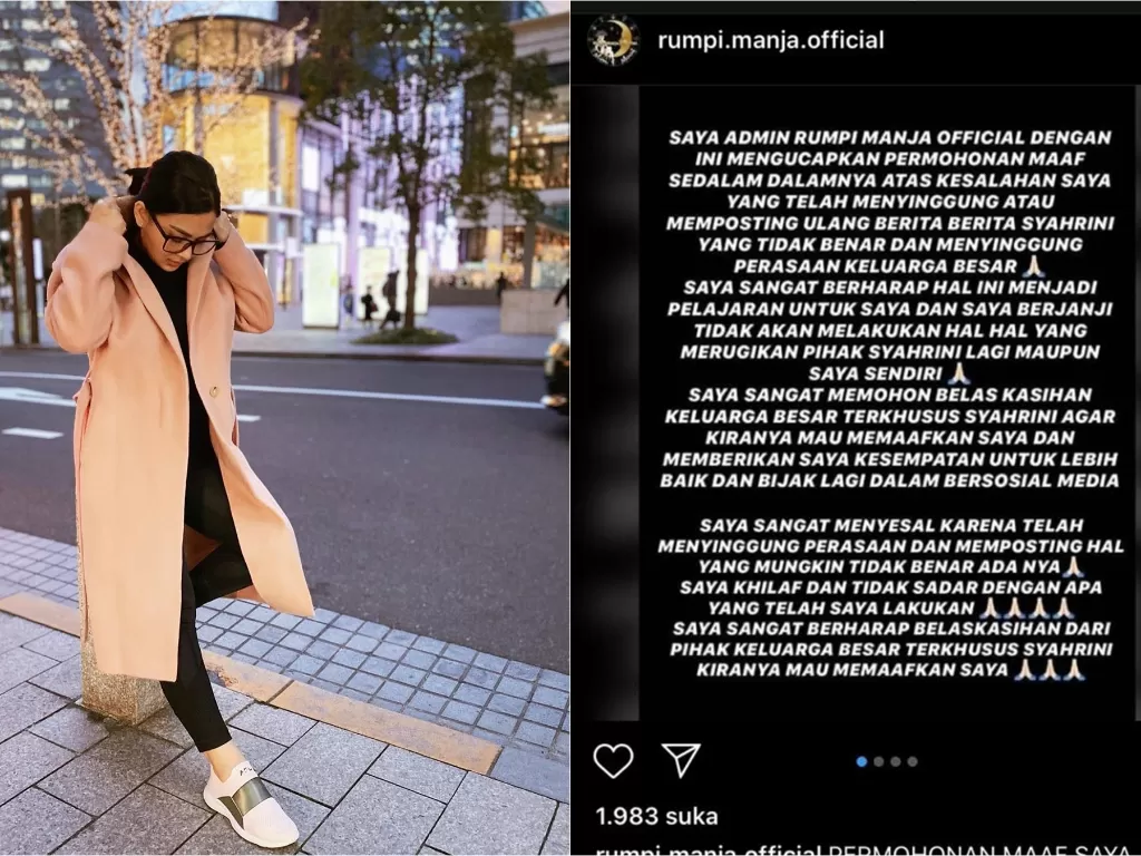 Kiri: Syahrini (Instagram/@princessyahrini) / Kanan: Pemilik akun gosip meminta maaf (Instagram/@rumpi.manja.official)