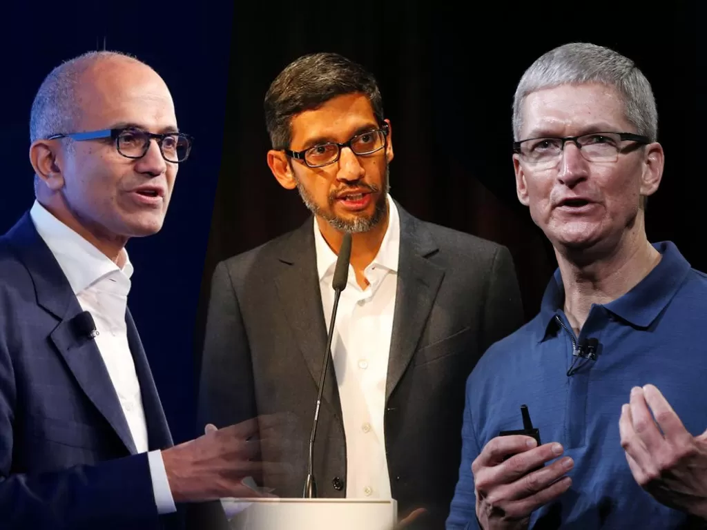 Dari kiri: Satya Nadella dari Microsoft, Sundar Pichai dari Google, Tim Cook dari Apple (photo/REUTERS)